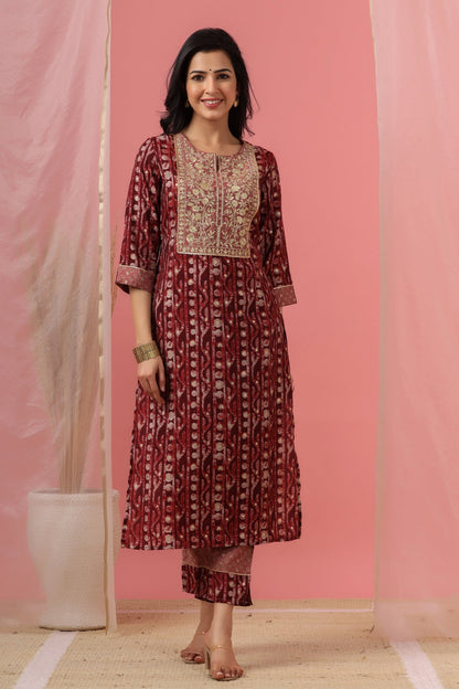 Women`s Red Chanderi Silk Embroidered Straight Kurta Sets