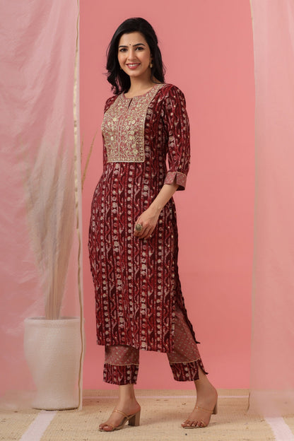 Women`s Red Chanderi Silk Embroidered Straight Kurta Sets