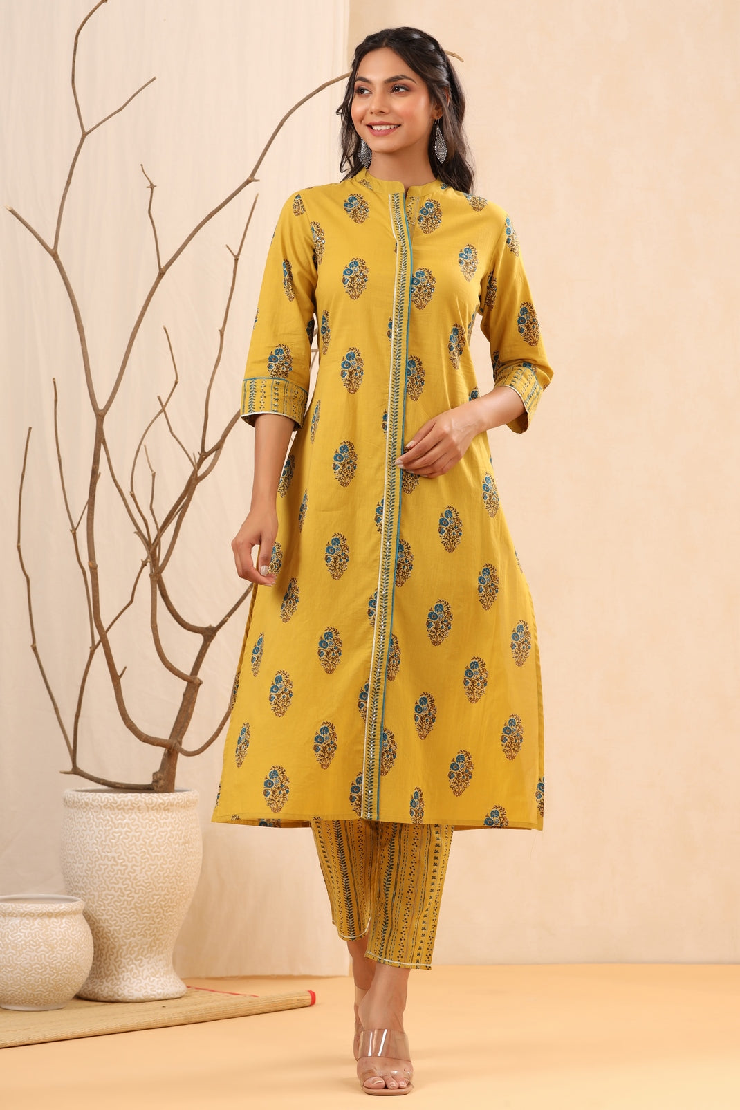 Women`s Yellow Cambric Block Printed A-Line Kurta Sets
