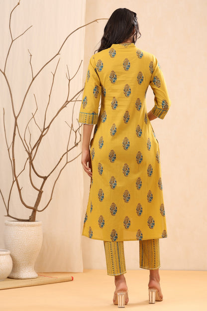 Women`s Yellow Cambric Block Printed A-Line Kurta Sets