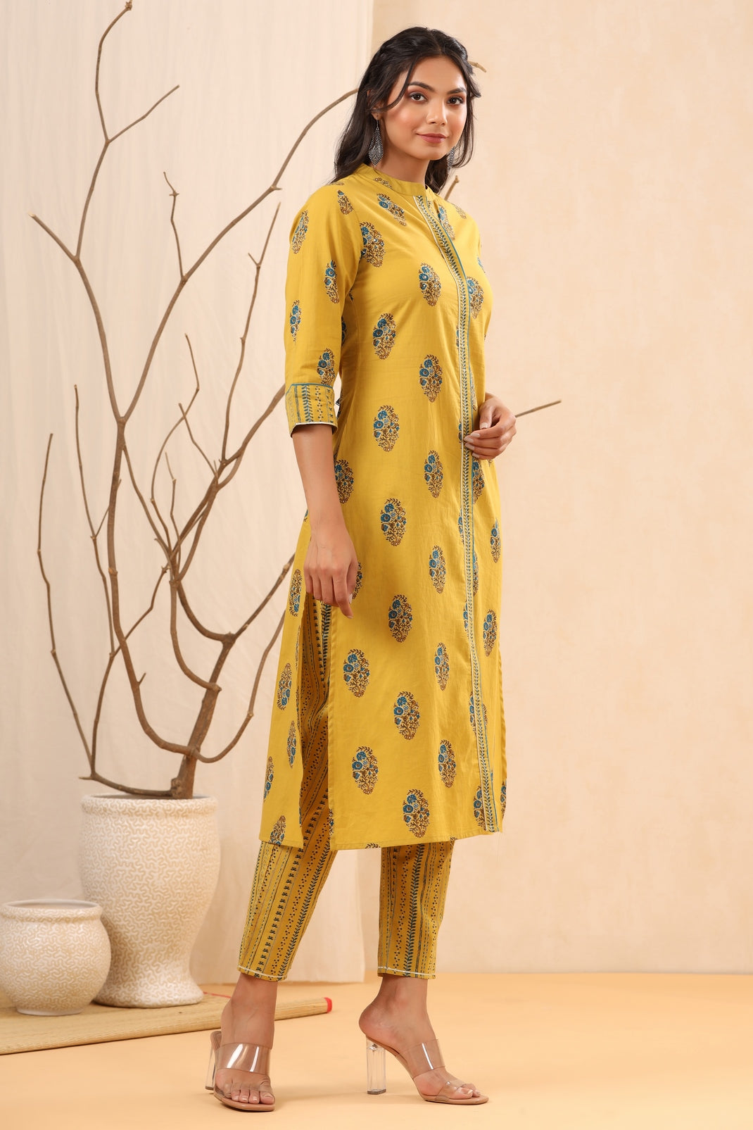 Women`s Yellow Cambric Block Printed A-Line Kurta Sets