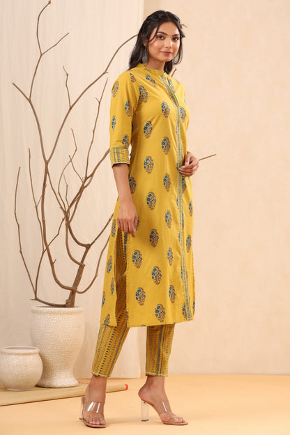 Women`s Yellow Cambric Block Printed A-Line Kurta Sets