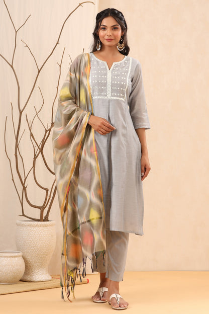 Women`s Grey Chanderi Silk Embroidered Straight Kurta Sets