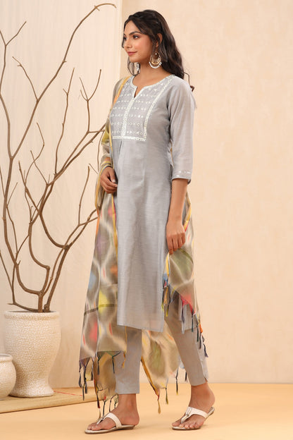 Women`s Grey Chanderi Silk Embroidered Straight Kurta Sets