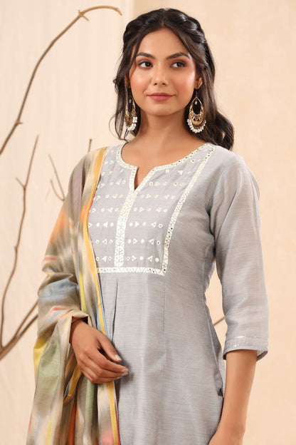 Women`s Grey Chanderi Silk Embroidered Straight Kurta Sets