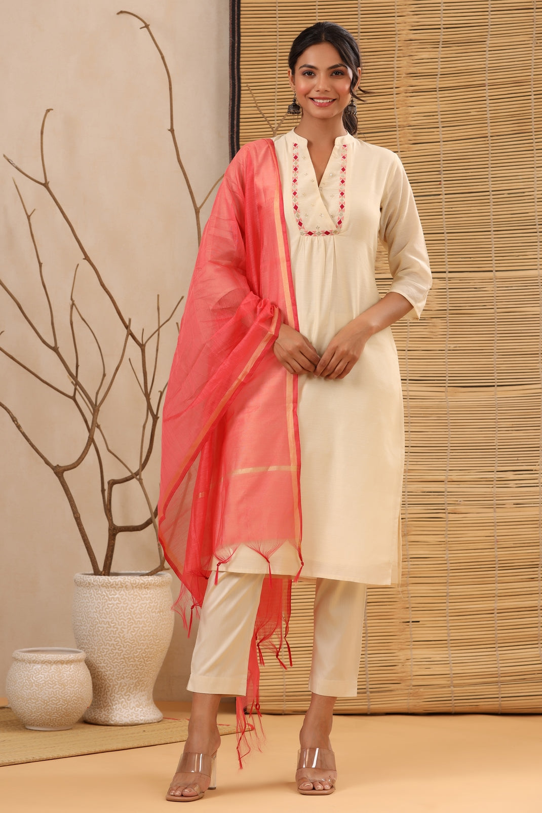 Women`s Beige Chanderi Silk Embroidered Straight Kurta Sets