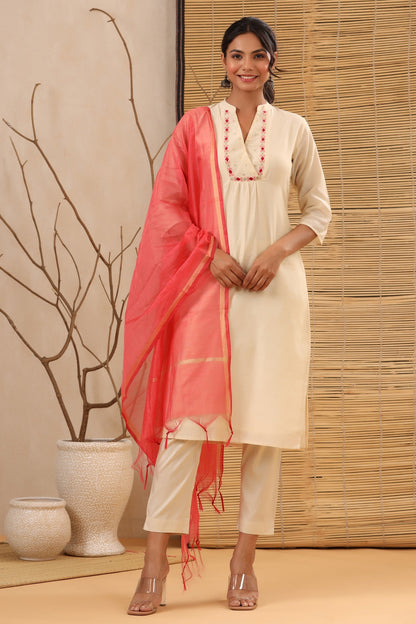 Women`s Beige Chanderi Silk Embroidered Straight Kurta Sets