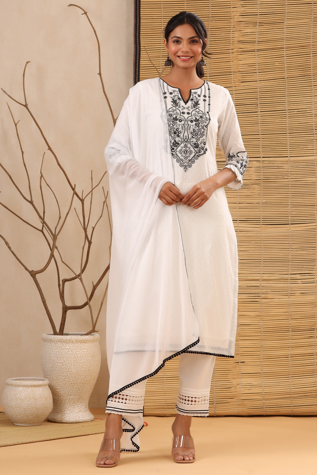 Women`s White Cotton Dobby Embroidered Straight Kurta Sets