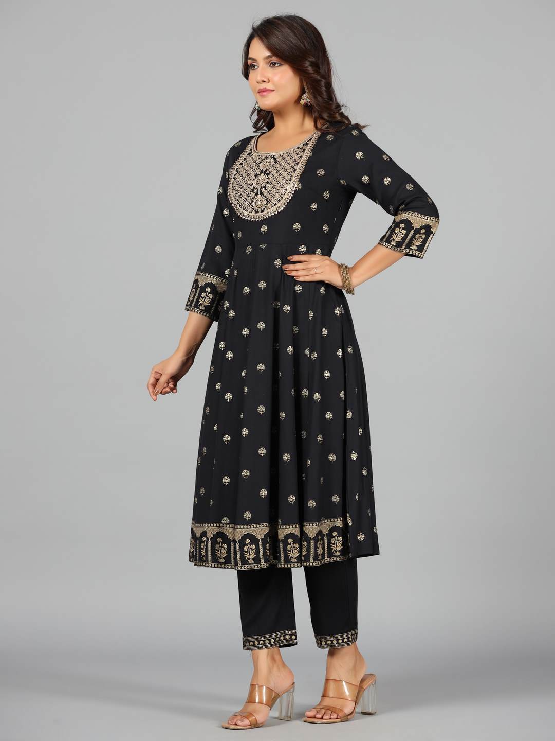 Black Rayon Printed With Embroidery Kurta, Pants & Dupatta Set