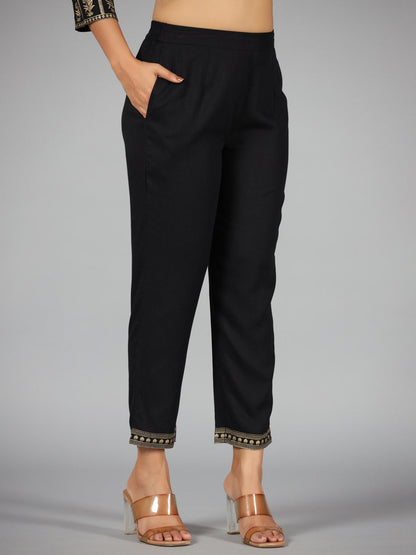 Black Rayon Printed With Embroidery Kurta, Pants & Dupatta Set