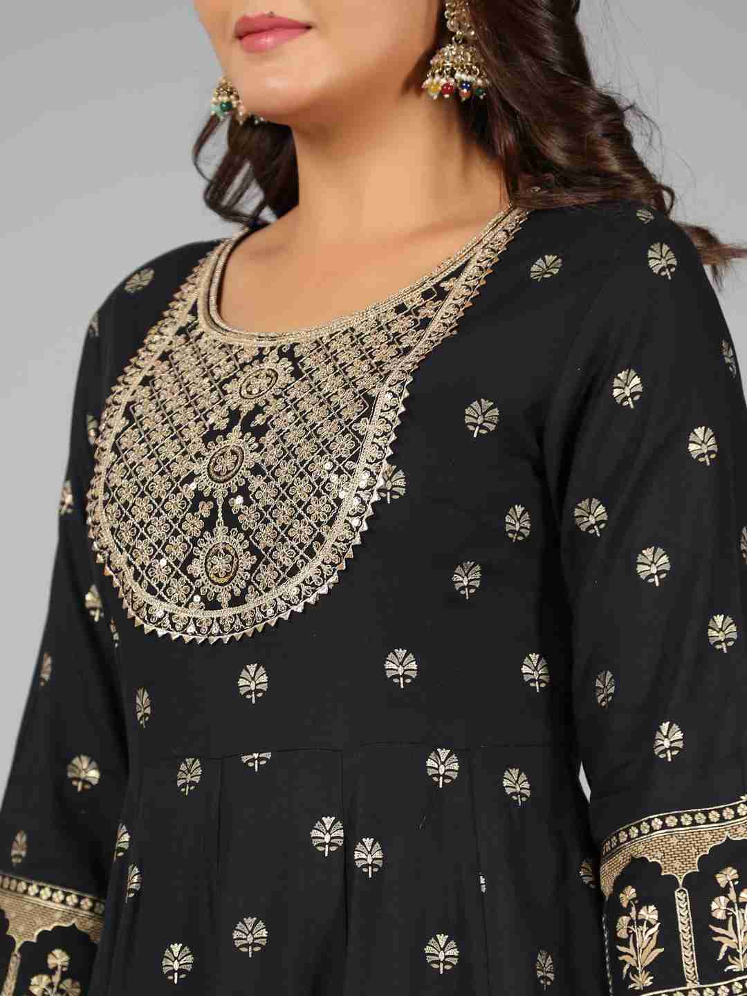 Black Rayon Printed With Embroidery Kurta, Pants & Dupatta Set