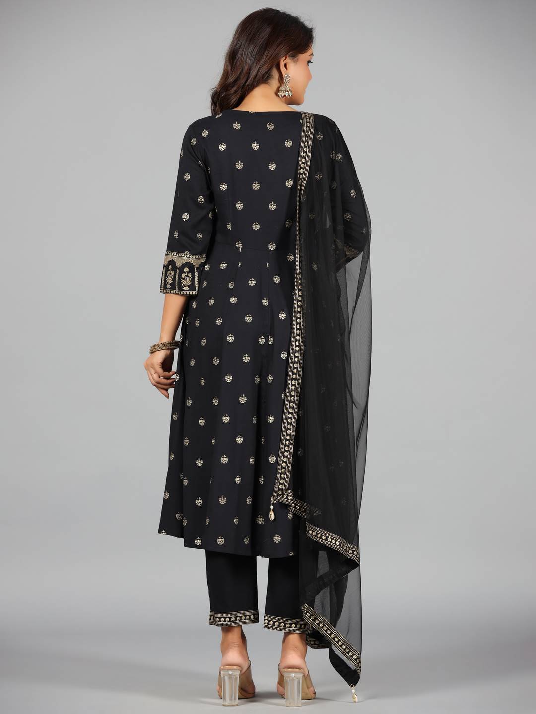 Black Rayon Printed With Embroidery Kurta, Pants & Dupatta Set