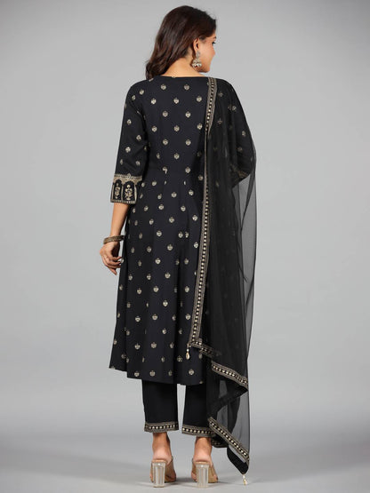 Black Rayon Printed With Embroidery Kurta, Pants & Dupatta Set