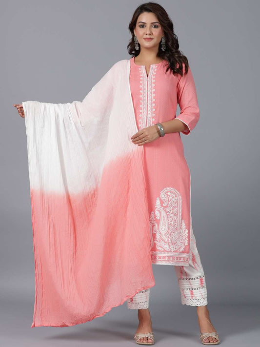 Peach Cotton Dobby Embroidered Kurta, Pants & Dupatta Set