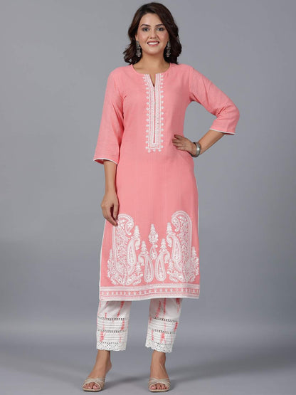 Peach Cotton Dobby Embroidered Kurta, Pants & Dupatta Set