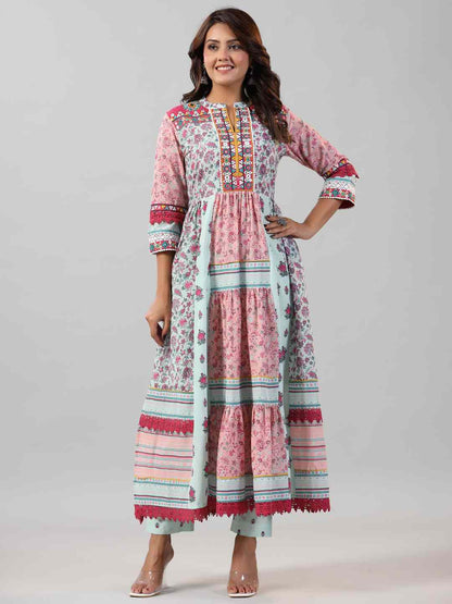 Mint Printed Cotton Kurta & Pants Set