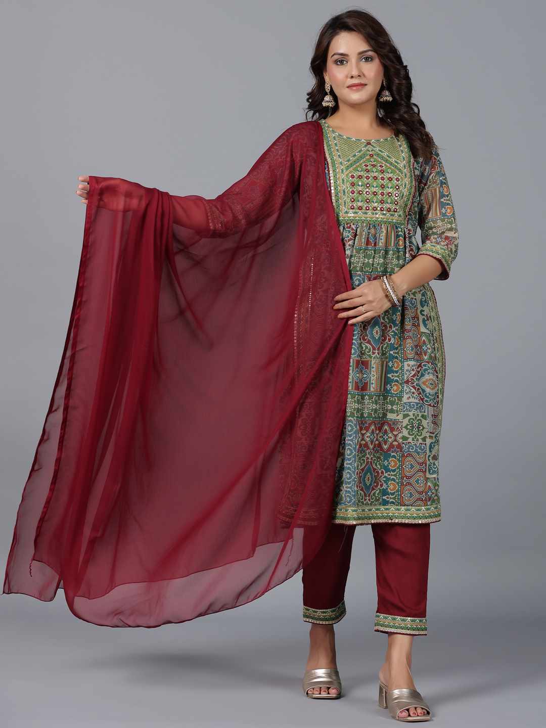 Green Chiffon Printed With Embroidery Kurta, Pants & Dupatta Set