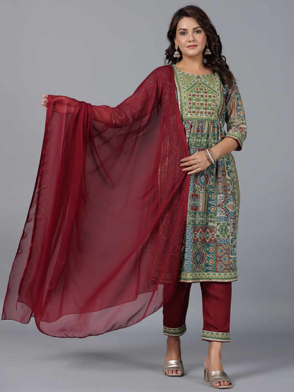 Green Chiffon Printed With Embroidery Kurta, Pants & Dupatta Set