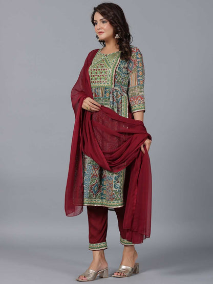 Green Chiffon Printed With Embroidery Kurta, Pants & Dupatta Set
