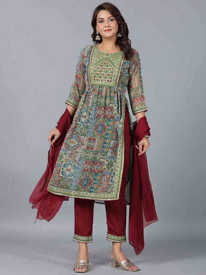 Green Chiffon Printed With Embroidery Kurta, Pants & Dupatta Set