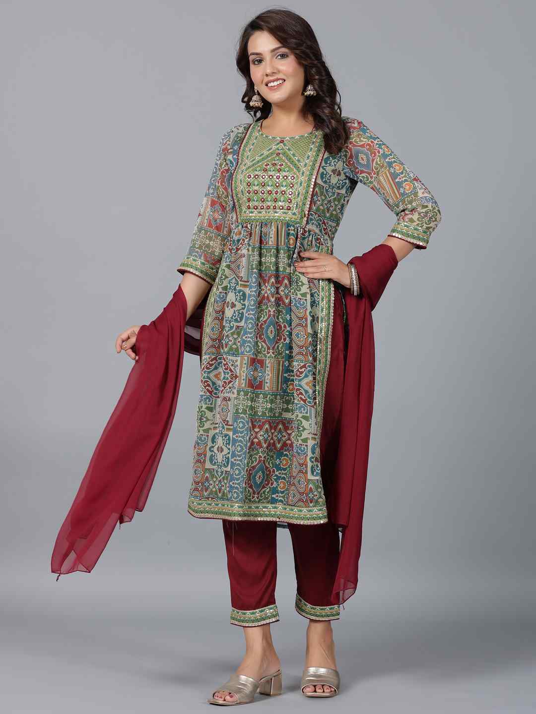 Green Chiffon Printed With Embroidery Kurta, Pants & Dupatta Set