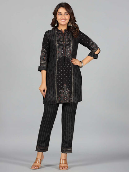 Black Rayon Printed Kurta Pants Set