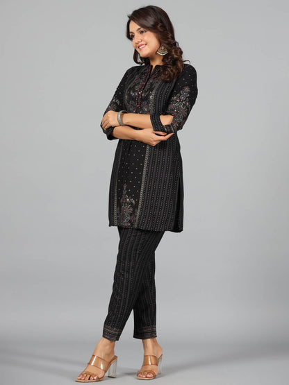 Black Rayon Printed Kurta Pants Set
