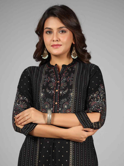 Black Rayon Printed Kurta Pants Set