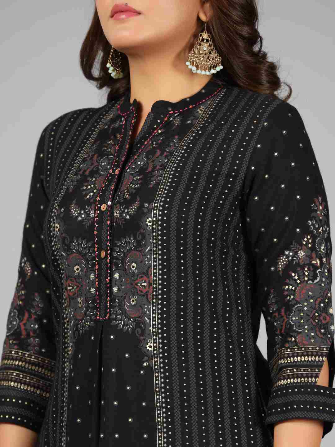 Black Rayon Printed Kurta Pants Set