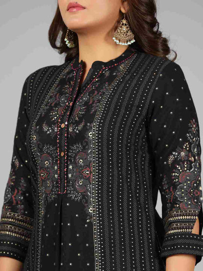 Black Rayon Printed Kurta Pants Set