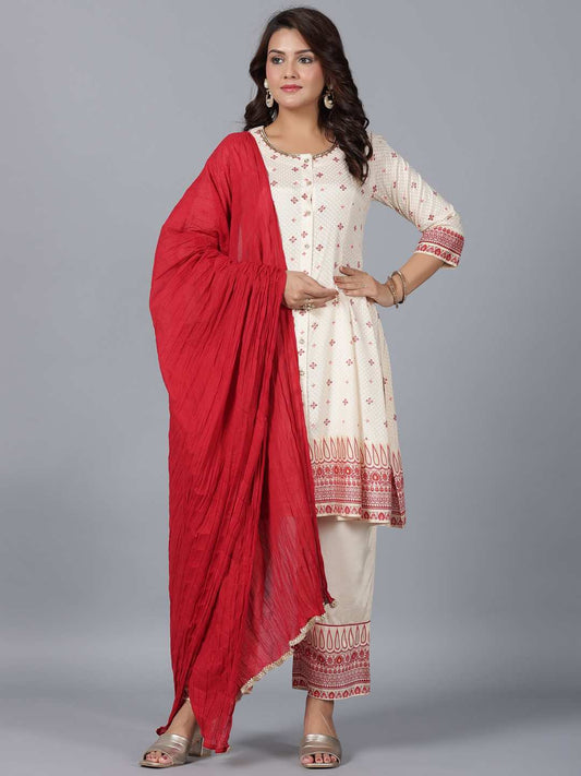 Beige Viscose Shantoon Printed Kurta, Pants & Dupatta Set