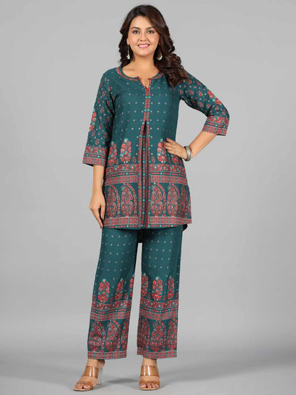 Green Rayon Printed Kurta & Pants Set