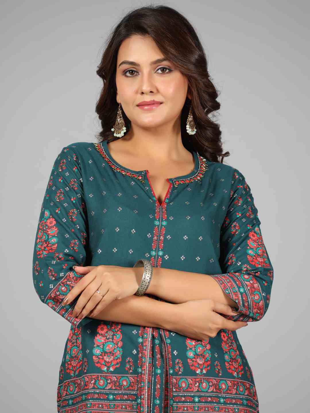 Green Rayon Printed Kurta & Pants Set