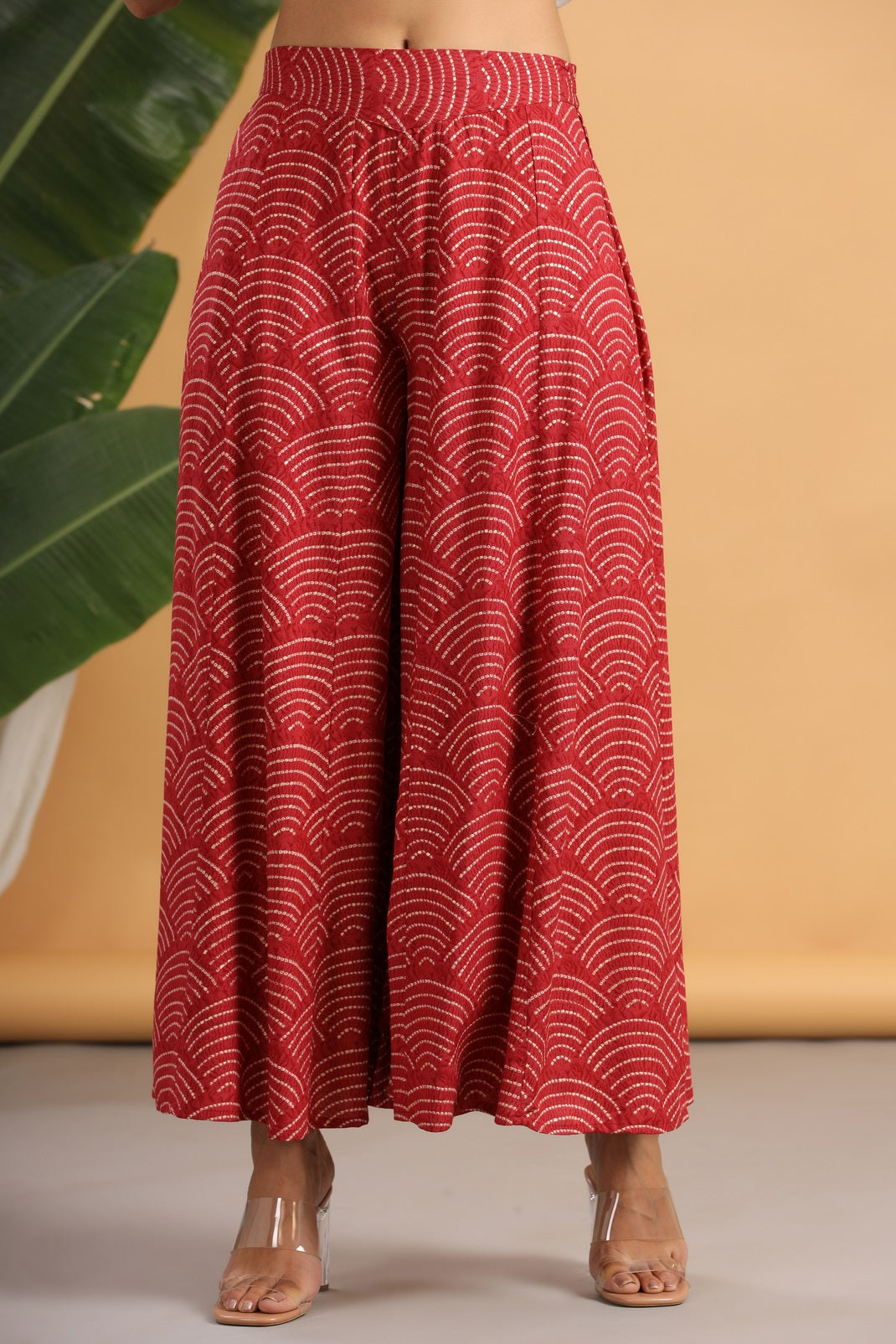 Women`s Red Rayon Printed Flared Palazzo