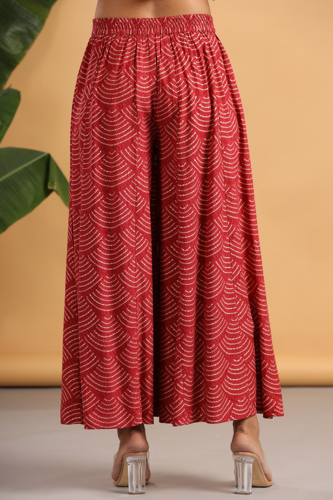 Women`s Red Rayon Printed Flared Palazzo
