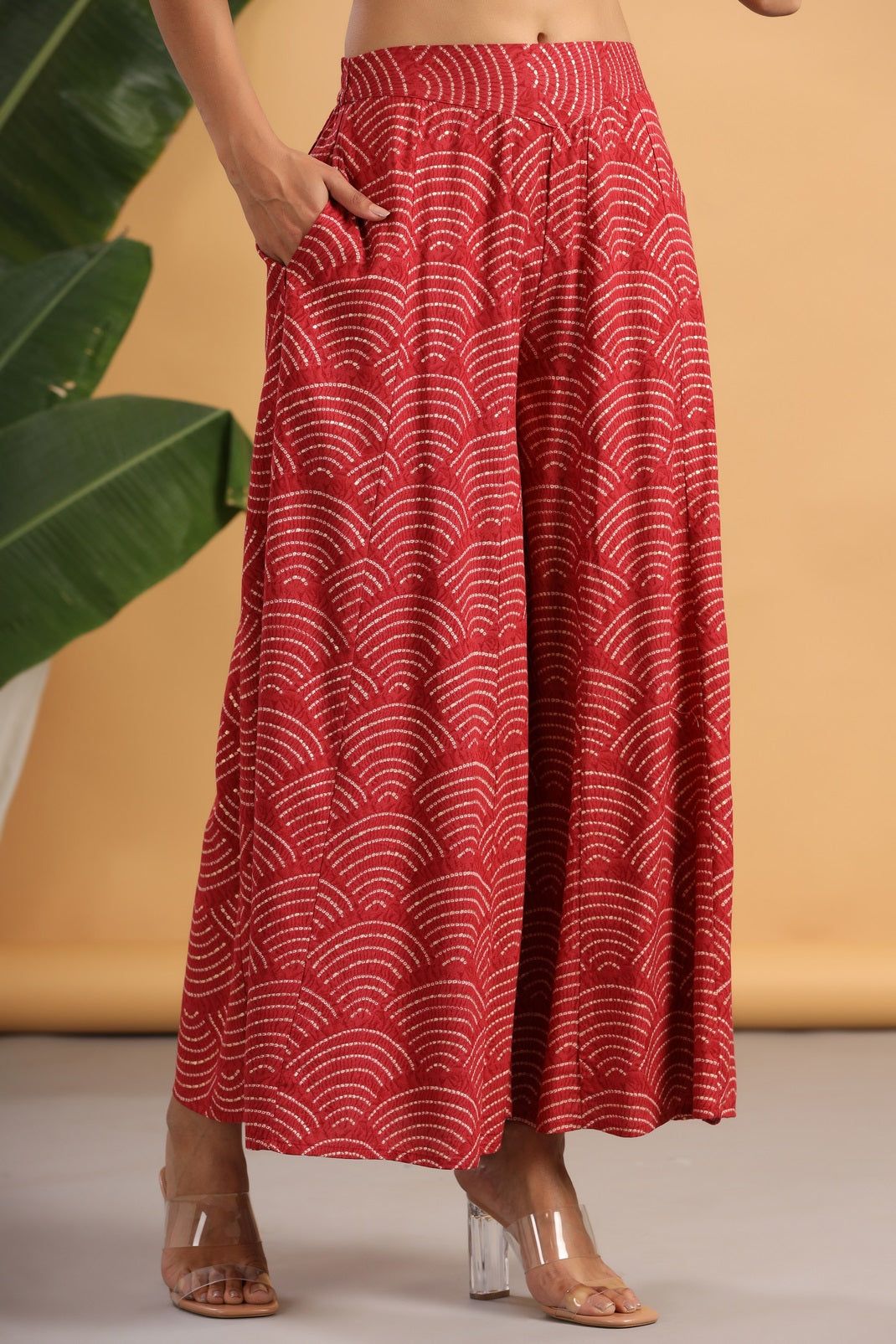Women`s Red Rayon Printed Flared Palazzo