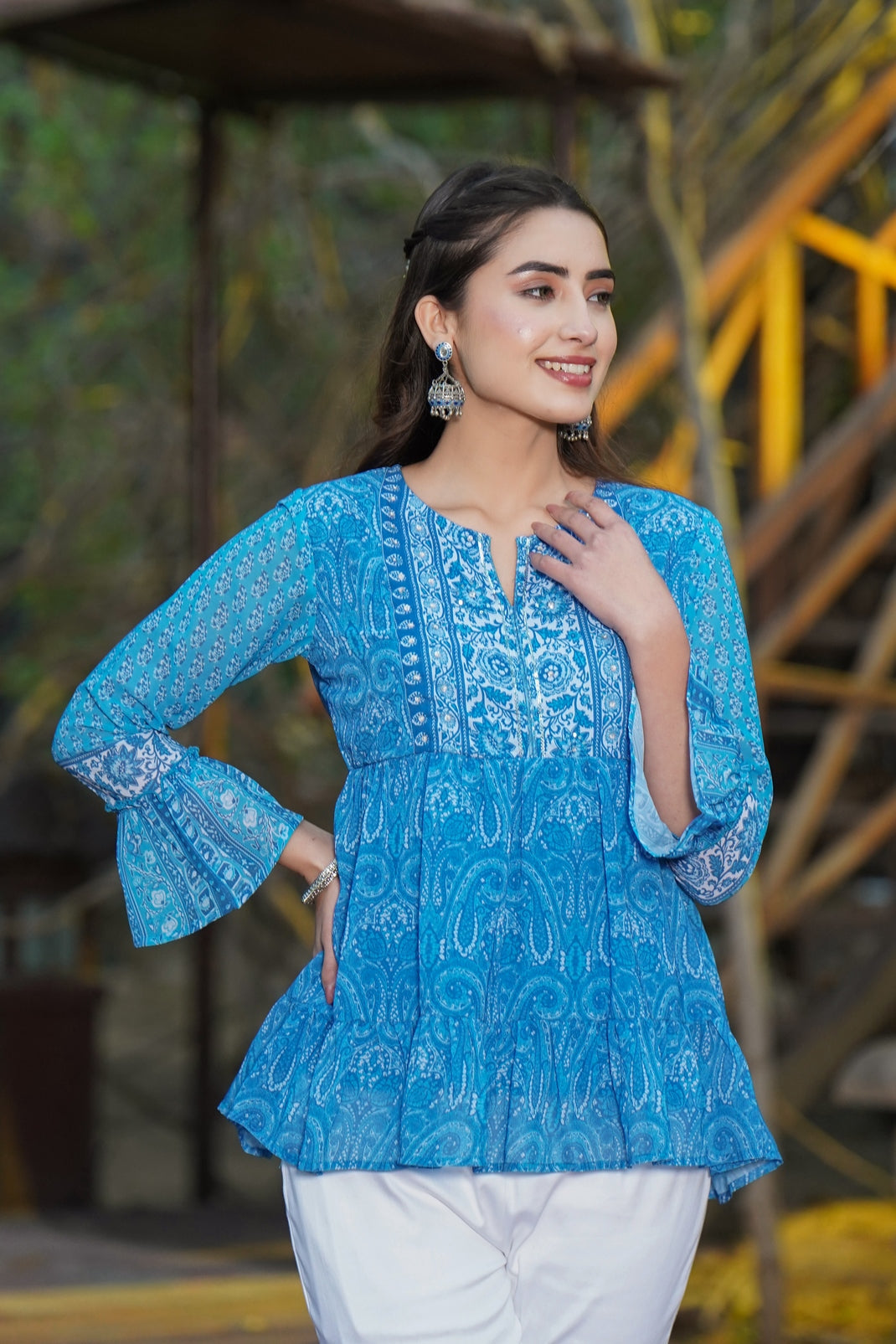 Women Blue Georgette Printed Tiered Top