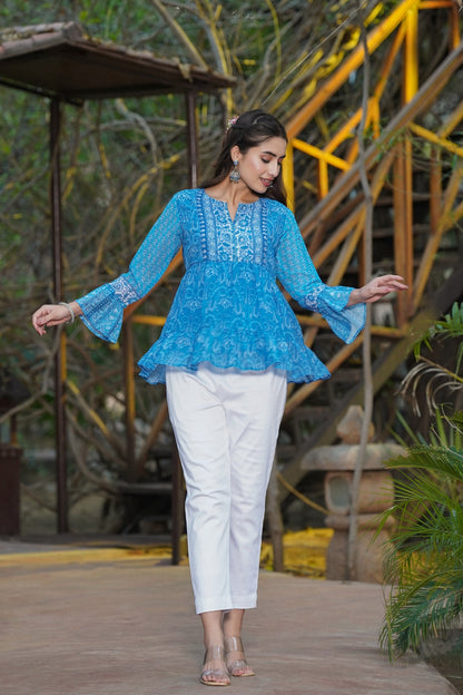 Women Blue Georgette Printed Tiered Top