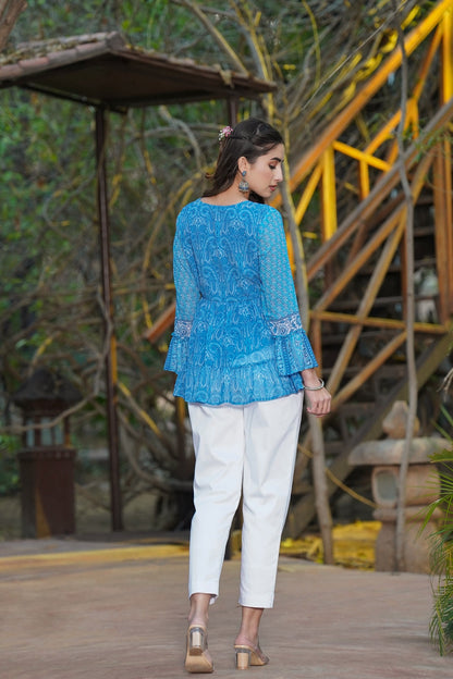 Women Blue Georgette Printed Tiered Top