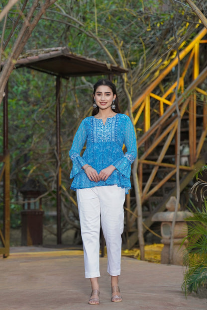 Women Blue Georgette Printed Tiered Top