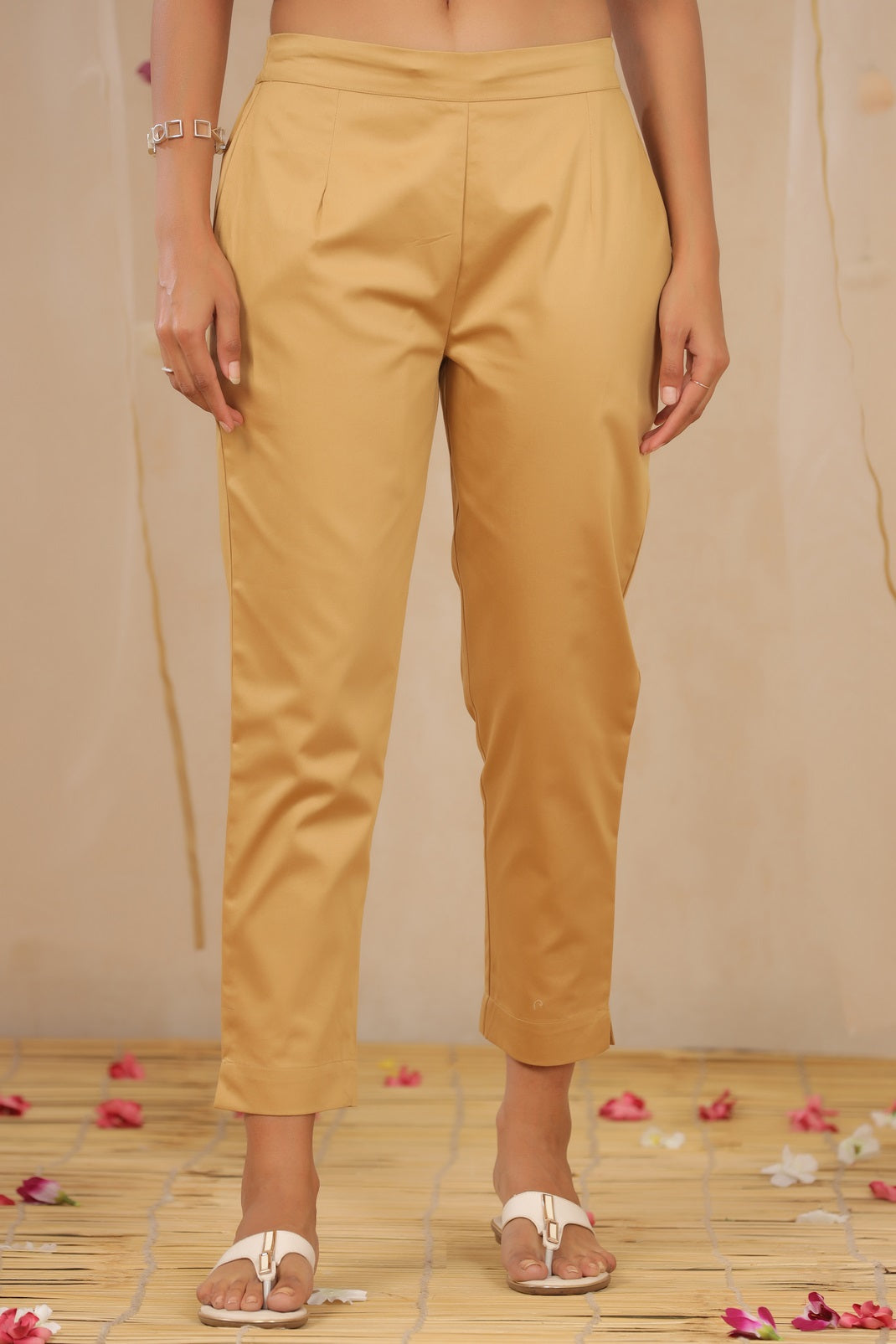 Gold Cotton Satin Solid Straight Pants