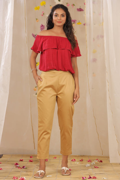 Gold Cotton Satin Solid Straight Pants