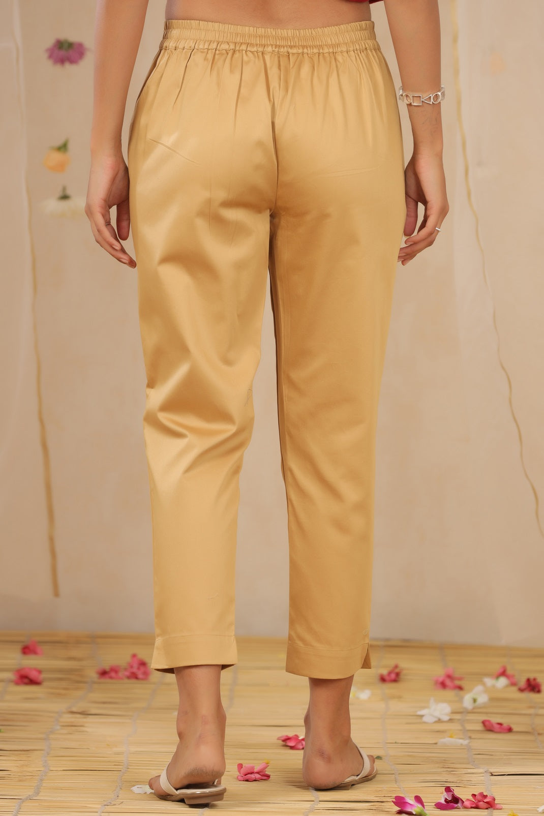 Gold Cotton Satin Solid Straight Pants
