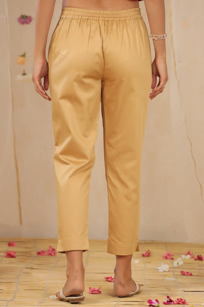 Gold Cotton Satin Solid Straight Pants