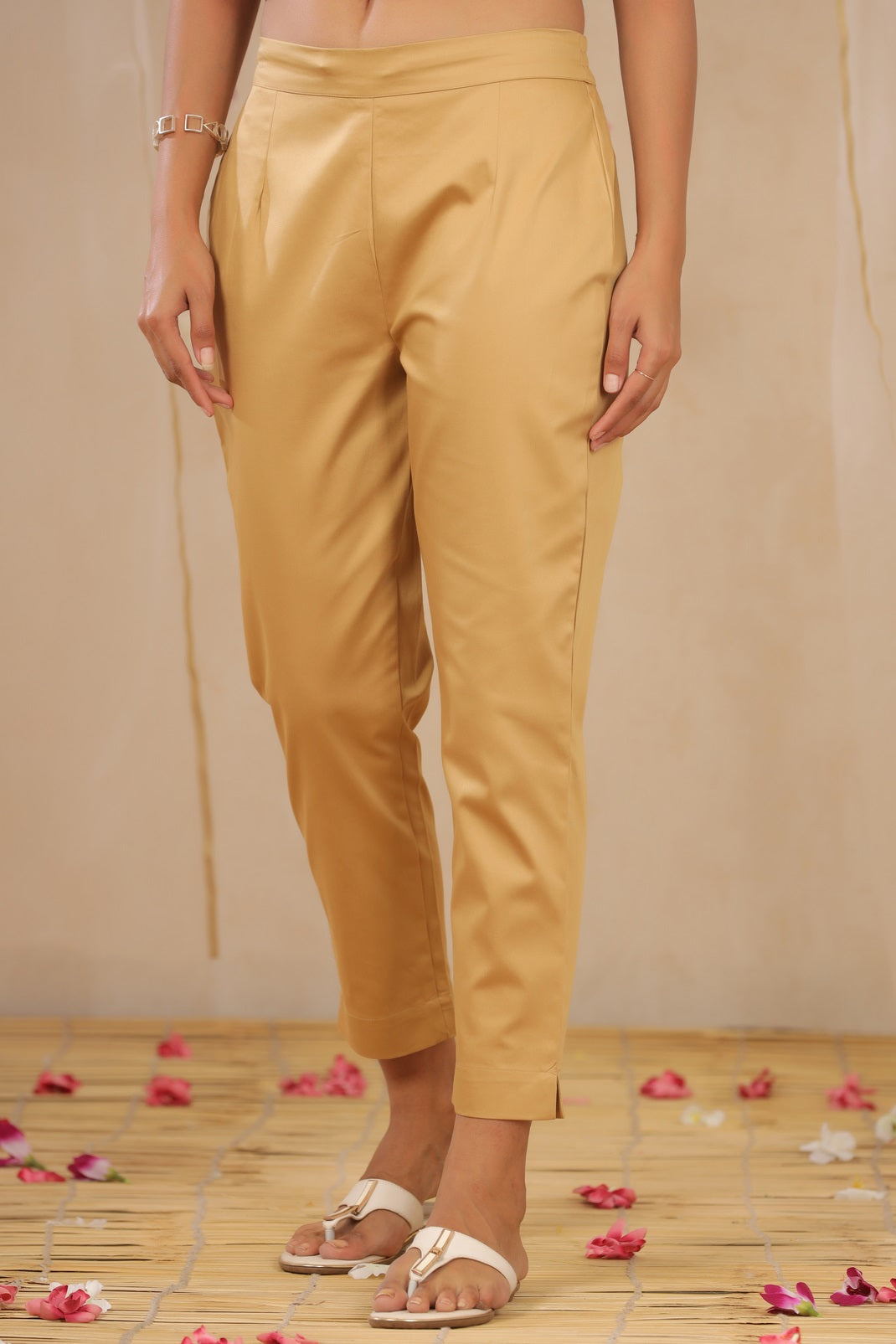 Gold Cotton Satin Solid Straight Pants