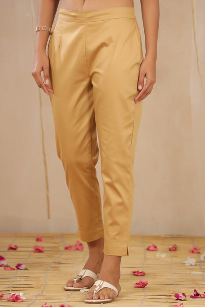 Gold Cotton Satin Solid Straight Pants