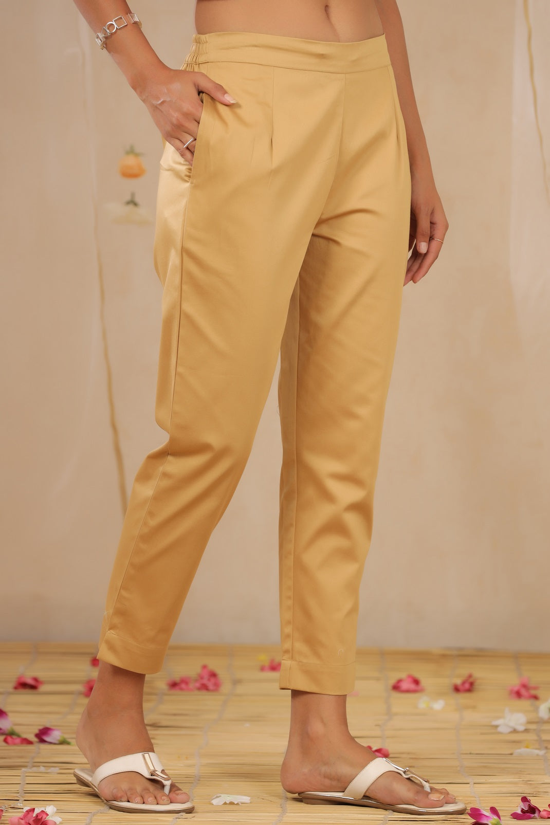 Gold Cotton Satin Solid Straight Pants