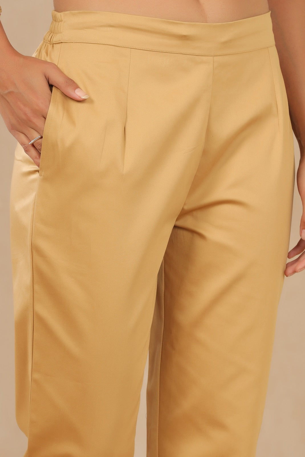 Gold Cotton Satin Solid Straight Pants