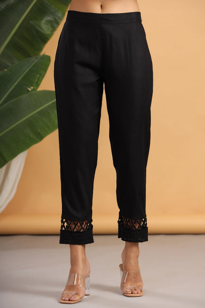 Black Rayon Solid Straight Pants