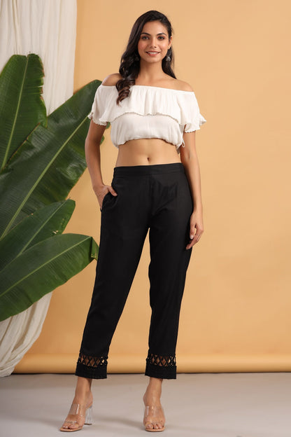 Black Rayon Solid Straight Pants
